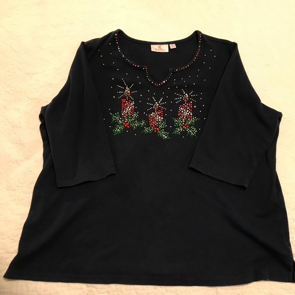 QF navy blue holiday 3/4 sleeve top with 3 blingy candles — sparkly! (2X) - Picture 4 of 16